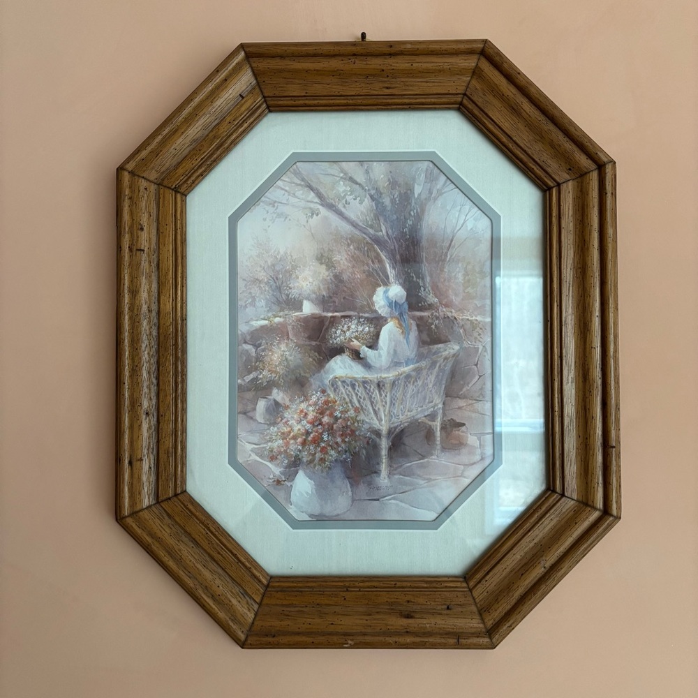 Vintage Framed Garden Scene Print Romantic Cottagecore Decor
